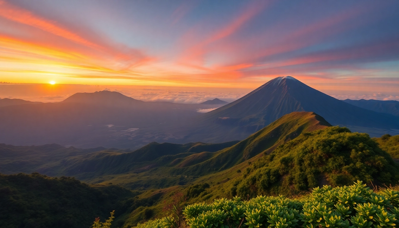 Scenic view of Mt. Rinjani's volcanic summit with lush surrounding forest, highlighting Indonesia's iconic volcano.
