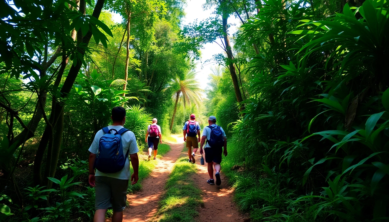 Hiking enthusiasts trekking along a lush Indonesian trail, enjoying outdoor adventure in nature.