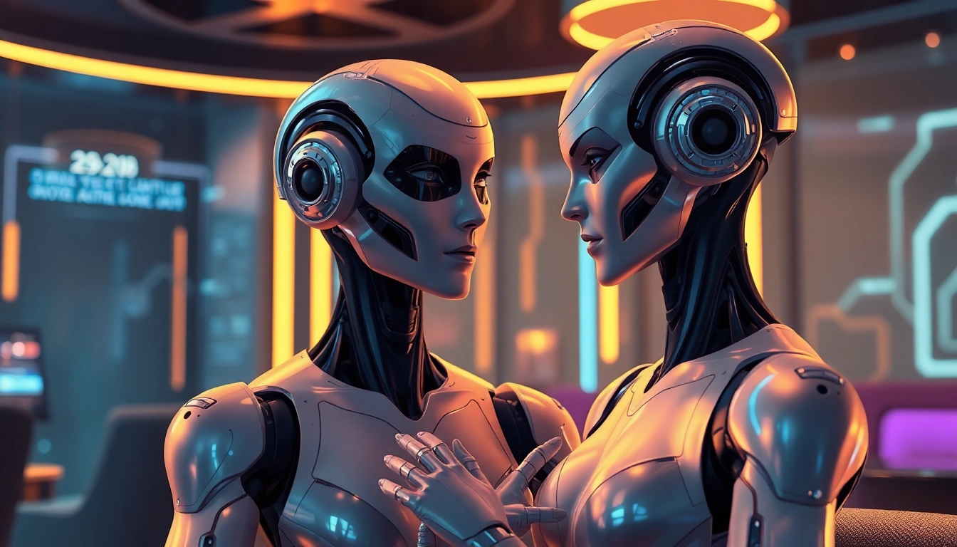 Futuristic AI humanoid characters in an intimate conversation in a modern lounge