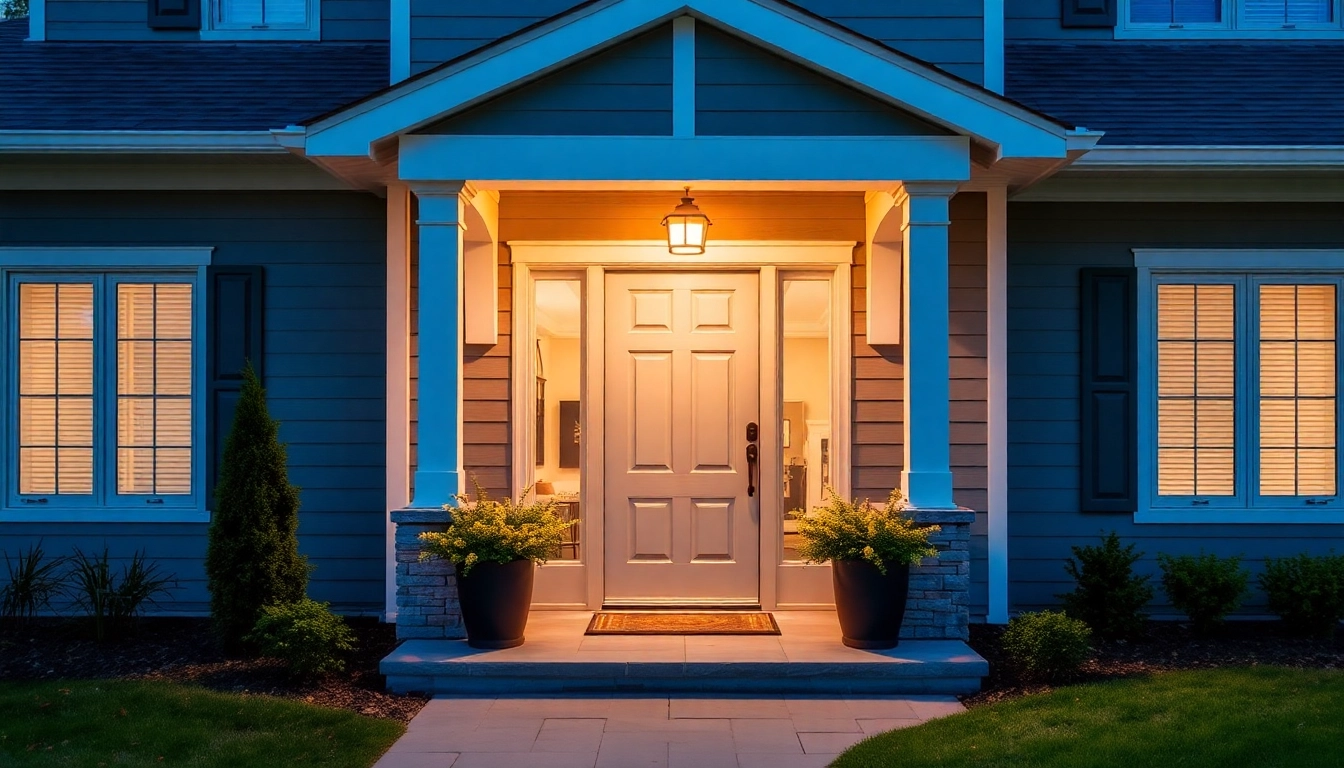 Front door replacement: modern exterior door on a welcoming Indianapolis home.