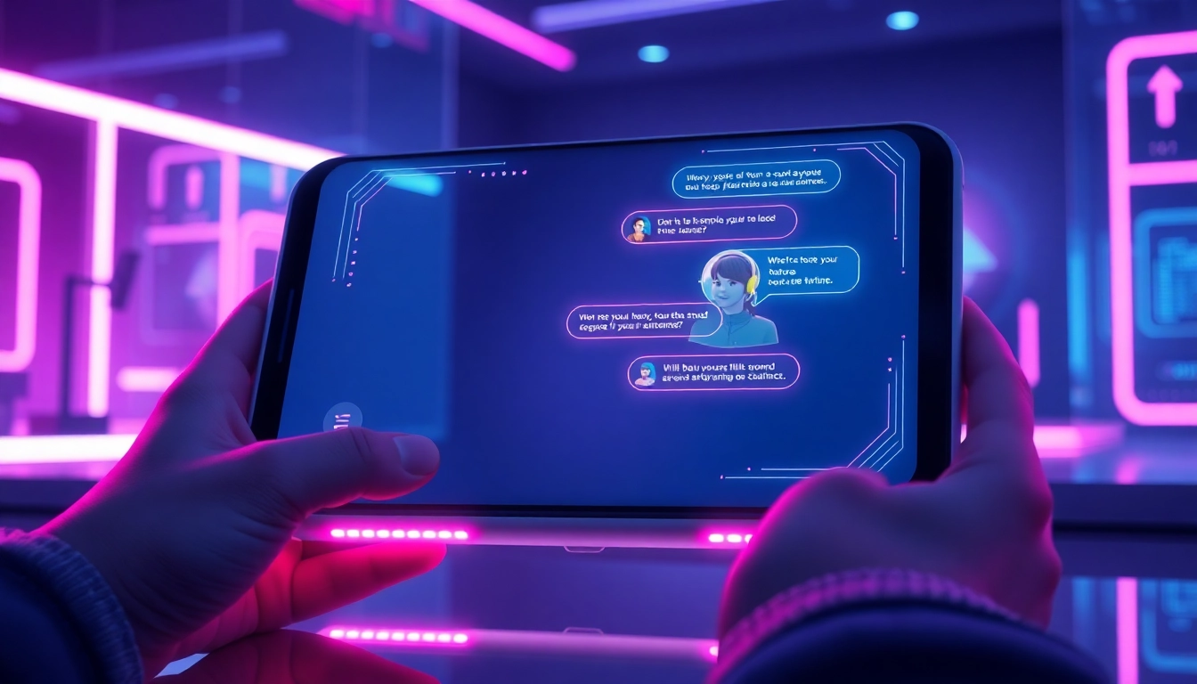 A futuristic AI chatbot interface on a device screen with neon accents and holographic chat elements.