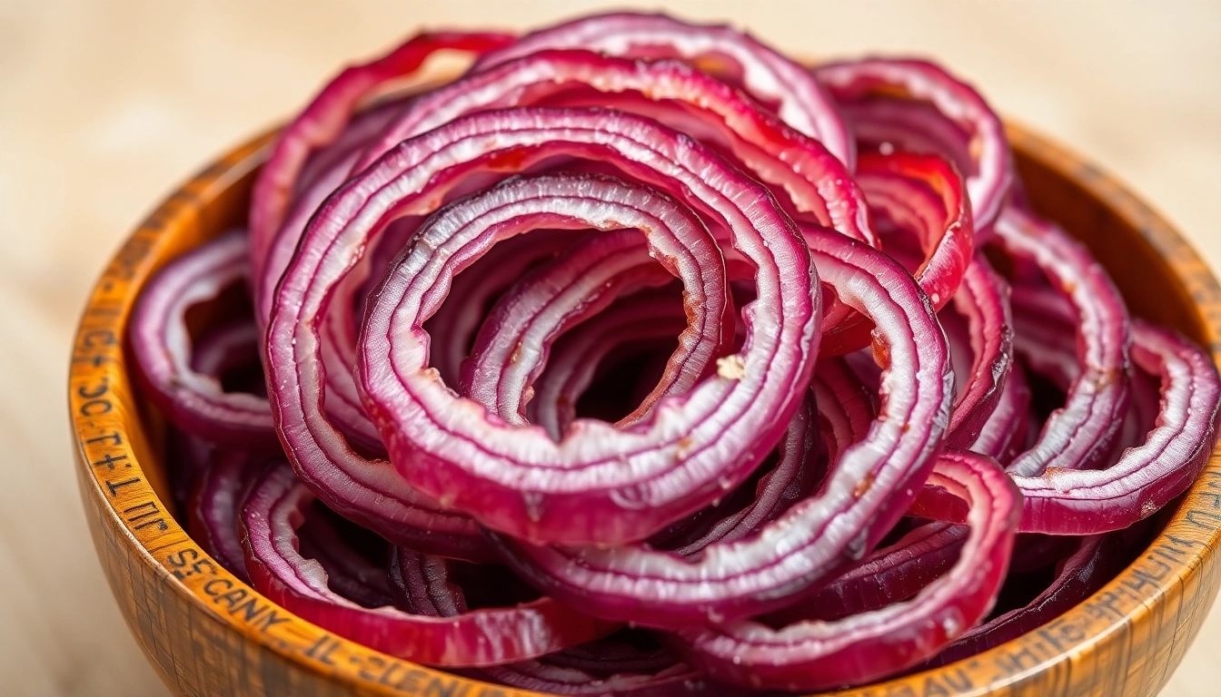 High-quality dehydrated red onion slices display vibrant color and crisp texture for culinary uses